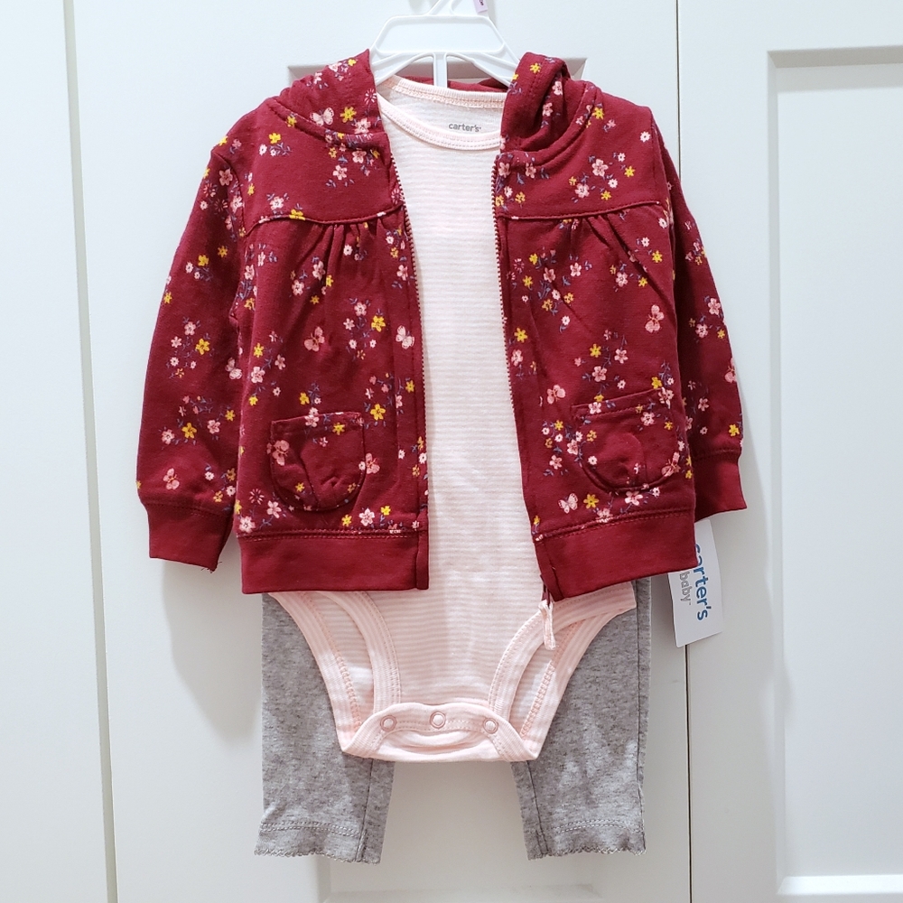 3pc Floral Full Zip Hoodie Jacket + Onesie + Pants Set, Baby Girls 9 months